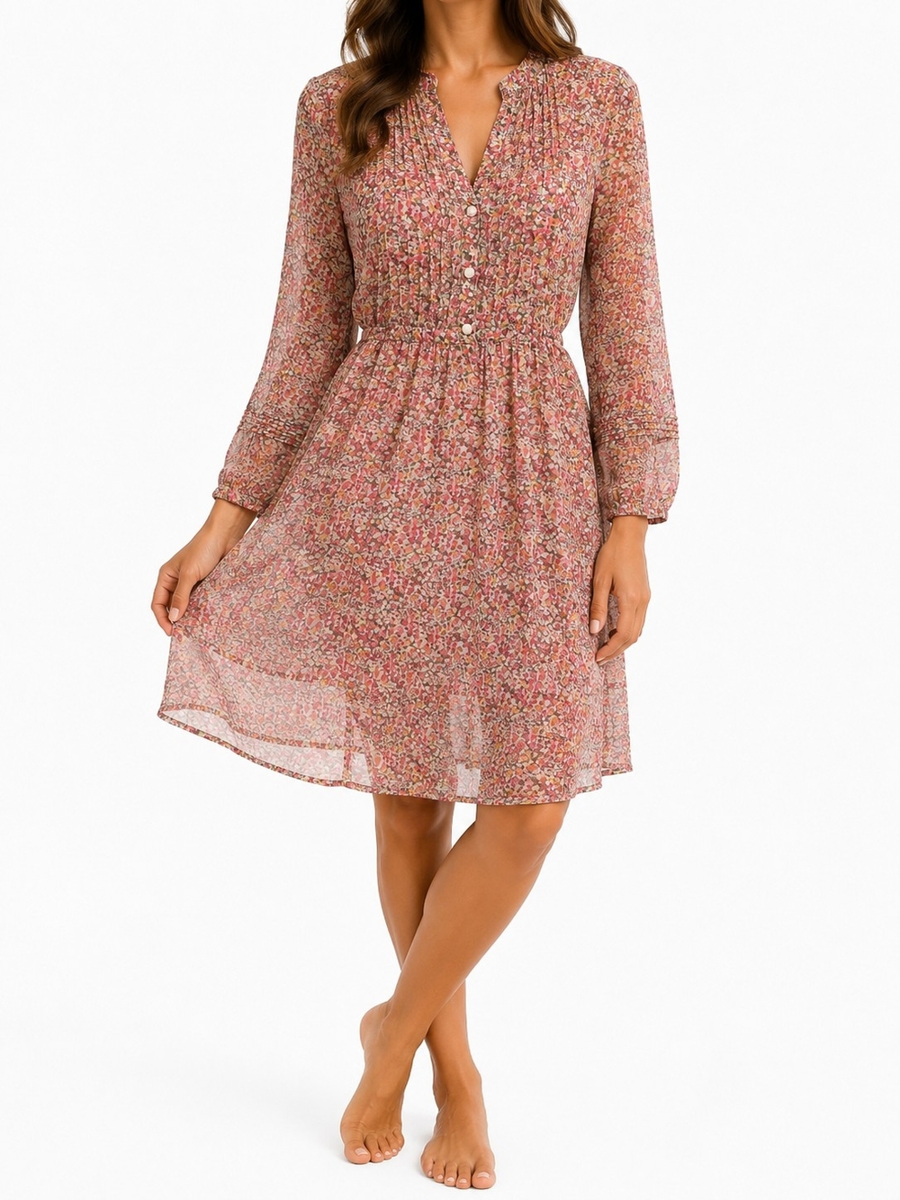 Women's Floral Chiffon Dress Long Sleeve Pleated Boho Cottagecore Pink